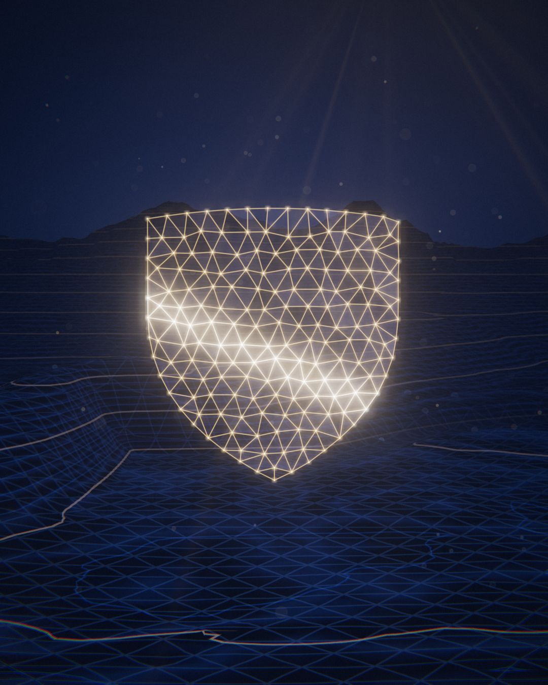 Un bouclier lumineux en maillage triangulaire se dresse au-dessus d'une carte topographique nocturne du bassin genevois : un cadre de sécurité qui protège le terrain.